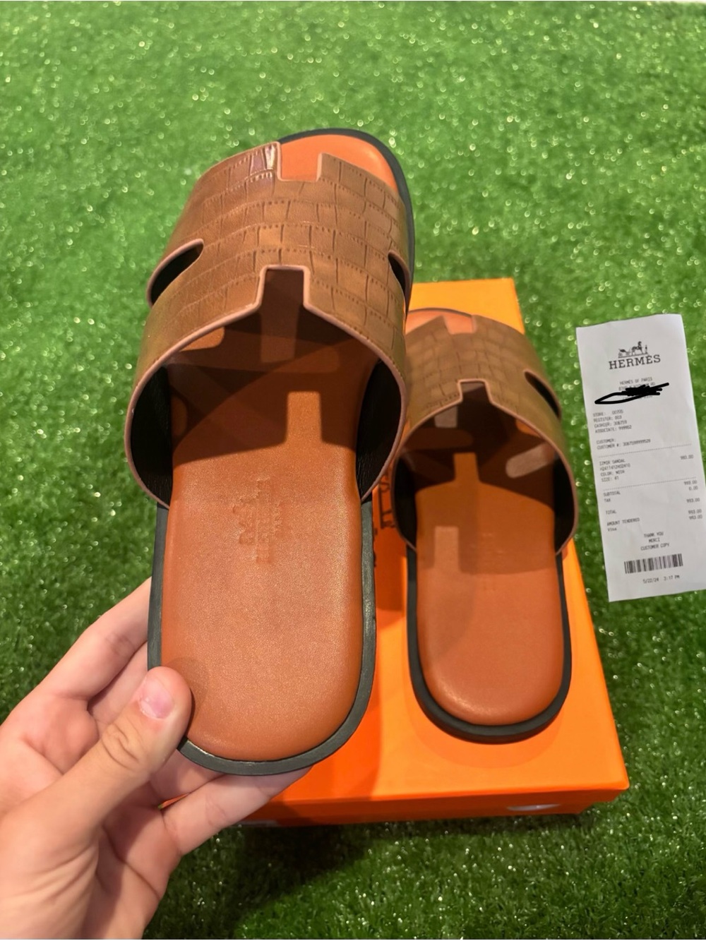 Hermes Brown Leather H Sandals with Embossed Strap